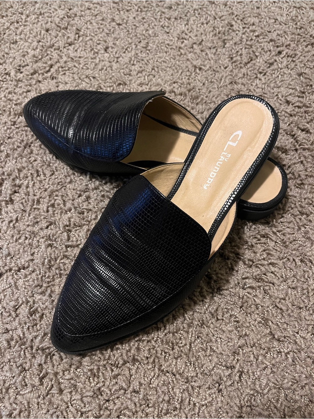 CL by Laundry Black Embossed Pointed-Toe Slip-On Mules